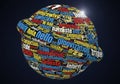 A spherical shape resembling a planet, covered in various words in multiple Royalty Free Stock Photo