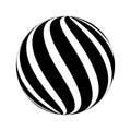 Spherical shape with twisted black and white stripes. 3D sphere model. Modern ball with vortex pattern isolated on white Royalty Free Stock Photo