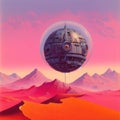 A spherical spaceship over the desert. An illustration of a science fiction story