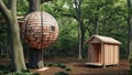 Spherical treehouse hanging in a lush forest setting with small wooden cabin Royalty Free Stock Photo