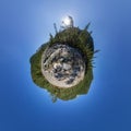 Spherical VR panorama 360180 mountain river flows into the fores Royalty Free Stock Photo