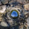 Spherical VR panorama 360180 mountain river flows into the fores Royalty Free Stock Photo