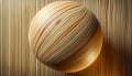 A spherical wooden object with flowing curved grooves sits in front of a vertical wood panel background both featuring smooth Royalty Free Stock Photo