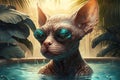 Sphinx cat chilling in the swimming pool at a tropical resort. Generative AI