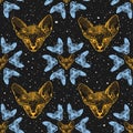 Sphinx cat, kittens. The flowers from heads cat on the background of the starry sky, space. Prints for clothes, Space