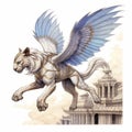 Sphinx In Flight: Watercolor And Ink Drawing By Anne Stokes And Larry Elmore Royalty Free Stock Photo