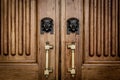 Sphinx heads entrance on wooden door Royalty Free Stock Photo