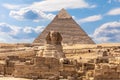 The Sphinx, the Pyramid of Chephren and the ruins of a temple in Giza, Egypt