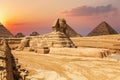 The Sphinx and the Pyramids, beautiful close sunset view, Egypt Royalty Free Stock Photo