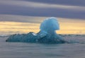 Sphinx shaped block of ice floats out to sea against a dramatic sky