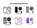 Sphygmomanometer icons set with different styles.