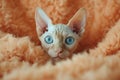 Sphynx cat with blue eyes on a peach fuzz background. The image is generated with the use of an AI.