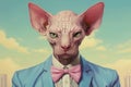 Sphynx cat in a blue jacket and bow Royalty Free Stock Photo