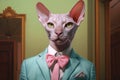 Sphynx cat in a blue jacket and bow Royalty Free Stock Photo