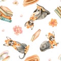 Sphynx cat in clothes seamless pattern, stack books, cup tea, delicate orange flowers, plaid, pearl. Cozy composition Royalty Free Stock Photo