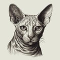 Sphynx cat, engraving style, close-up portrait, black and white drawing, cute fluffy kitten, Royalty Free Stock Photo