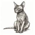 Sphynx cat, engraving style, close-up portrait, black and white drawing, cute fluffy kitten Royalty Free Stock Photo