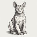 Sphynx cat, engraving style, close-up portrait, black and white drawing, cute fluffy kitten, Royalty Free Stock Photo