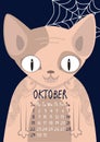 Sphynx cat with tattoos. Oktober calendar