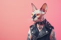 Sphynx Cat with Tattoos in Punk Leather Vest and Studded Collar