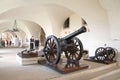 Spissky hrad Slovakia with medieval cannon, covid masked visitors