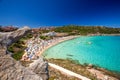 Spiaggia di Rena Bianca beach with red rocks and azure clear water, Santa Terasa Gallura, Costa Smeralda, Sardinia, Italy