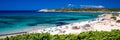 Spiaggia di Rena Majore beach with azure clear water and mountains, Rena Majore, Sardinia, Italy Royalty Free Stock Photo