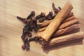 Spice cinnamon clove on a wooden board and blurred background Royalty Free Stock Photo