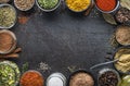 Spices and herbs in grey stone background Royalty Free Stock Photo