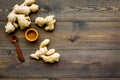 Spice and condiment. Ground ginger in small bowl near ginger root on dark wooden background top view copy space Royalty Free Stock Photo
