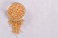 Spice coriander in a glass plate and sprinkled on a gray background