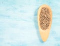 Spice cumin jeera in wooden spoon on blue Royalty Free Stock Photo