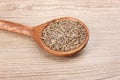 Spice cumin in spoon on wooden Royalty Free Stock Photo