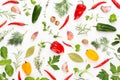 Spice herbal leaves and chili pepper on white background. Vegetables pattern. Floral and vegetables on white background. Top view