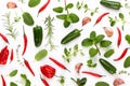 Spice herbal leaves and chili pepper on white background. Vegetables pattern. Floral and vegetables on white background. Top view