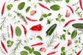 Spice herbal leaves and chili pepper on white background. Vegetables pattern. Floral and vegetables on white background. Top view