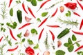 Spice herbal leaves and chili pepper on white background. Vegetables pattern. Floral and vegetables on white background. Top view