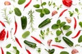 Spice herbal leaves and chili pepper on white background. Vegetables pattern. Floral and vegetables on white background. Top view