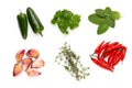 Spice herbal leaves and chili pepper on white background. Vegetables pattern. Floral and vegetables on white background. Top view