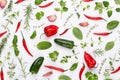 Spice herbal leaves and chili pepper on white background. Vegetables pattern. Floral and vegetables on white background. Top view