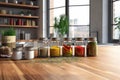 Spice Jars on a Wooden Kitchen Counter, cooking spice