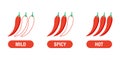 Spice level marks mild, spicy and hot. Red chili pepper. Symbol of pepper with fire. Chili level icons set. Vector Royalty Free Stock Photo