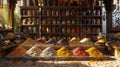 Spice market, far-off spices, heady scents, historic bazaar, cultural legacy, sunlight, and chromatic aberration