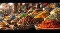 Spice market, far-off spices, heady scents, historic bazaar, cultural legacy, sunlight, and chromatic aberration