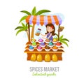 Spice market isolated on white background. Cartoon spice shop. Local business vector illustration