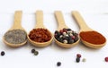 Spice mix in a wooden spoon on a white wooden background. Flatlay.