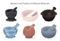 Spice mortar with pestle made of different materials. Traditional vintage