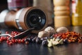 Spice and pepper grinder on slatr background Royalty Free Stock Photo