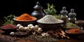 Spice powders on wooden bowls and ingredients nts