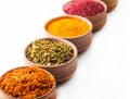 Spice saffron,paprika,sumac,turmeric,green pepper in a wooden bowl